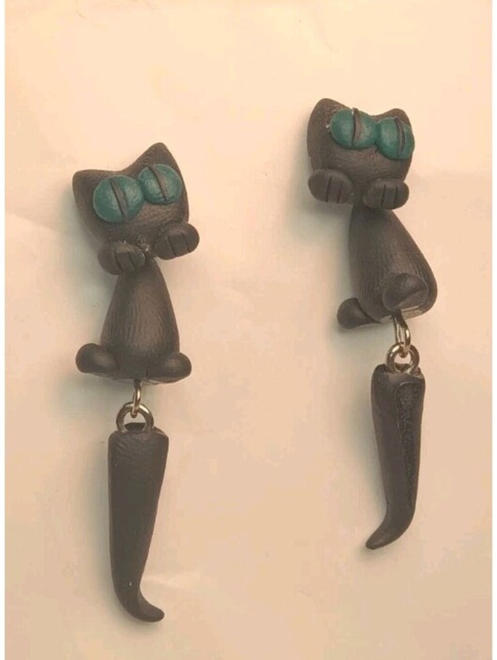 Cute 3D Black Cat Clay Dangle Earrings, Green Eyes, Witchy Gothic Halloween...